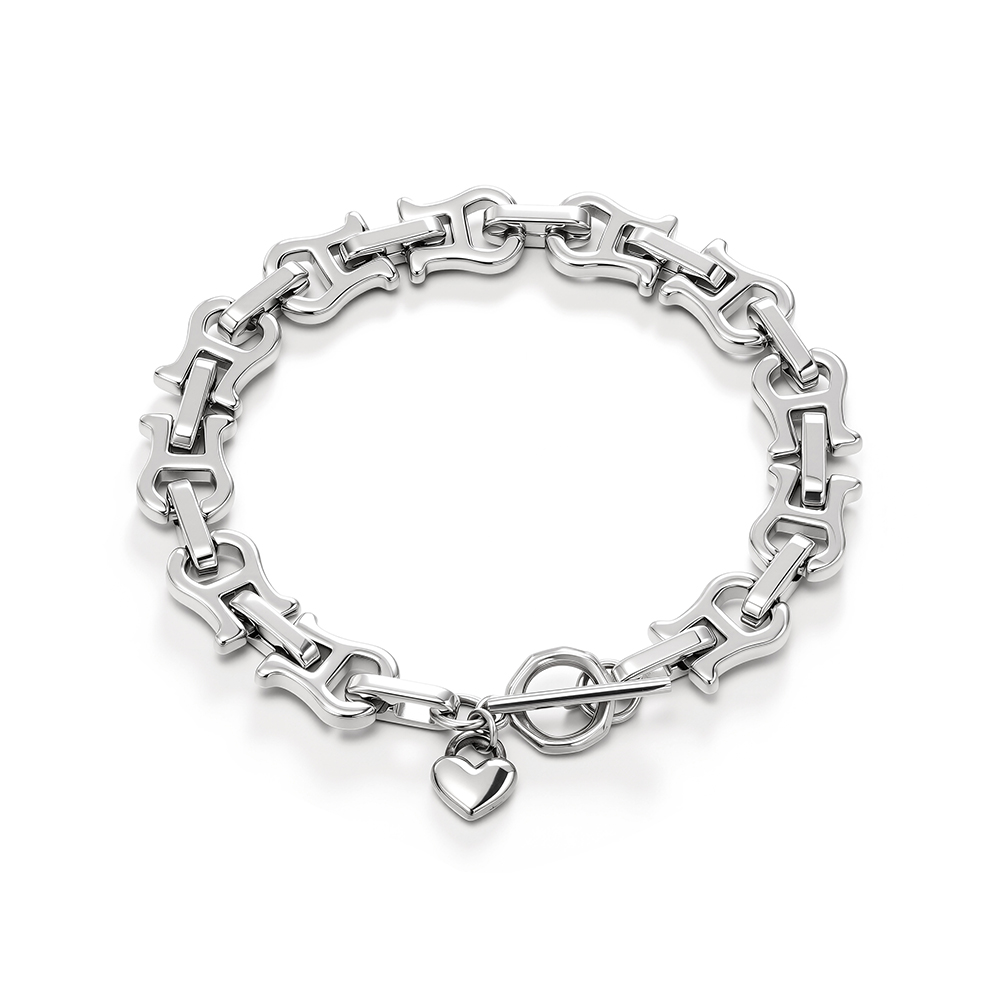 Titanium and steel multi-ring bracelet with heart-shaped elements, Cuban style 