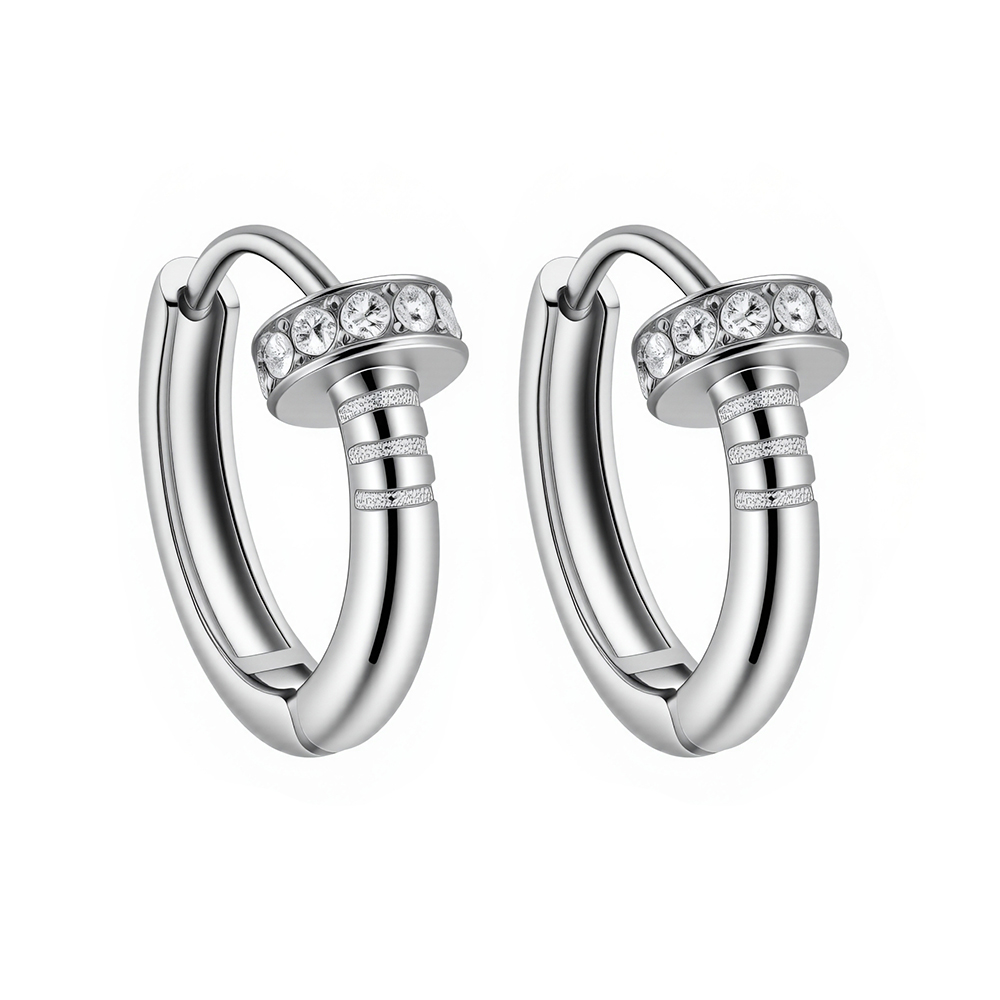 Titanium steel rhinestone stud earrings with round wheel clasp 