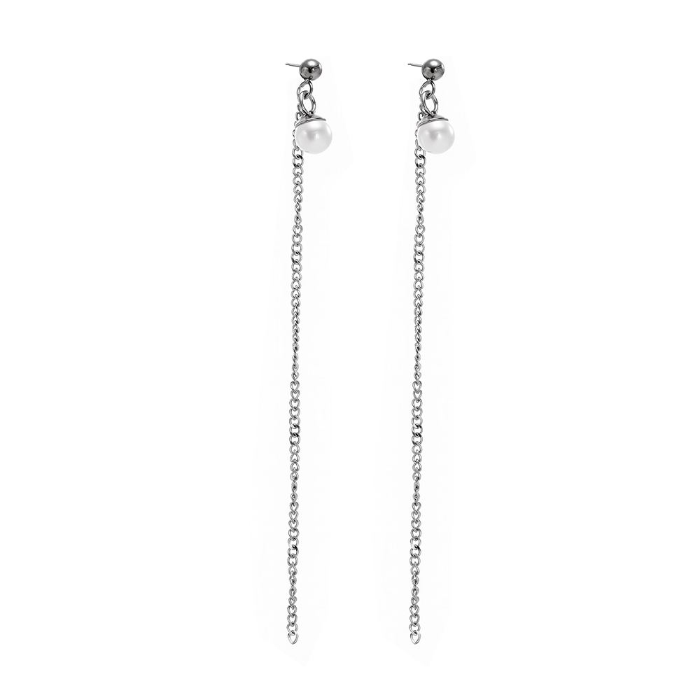 Titanium steel pearl long and extremely thin fringed earrings 