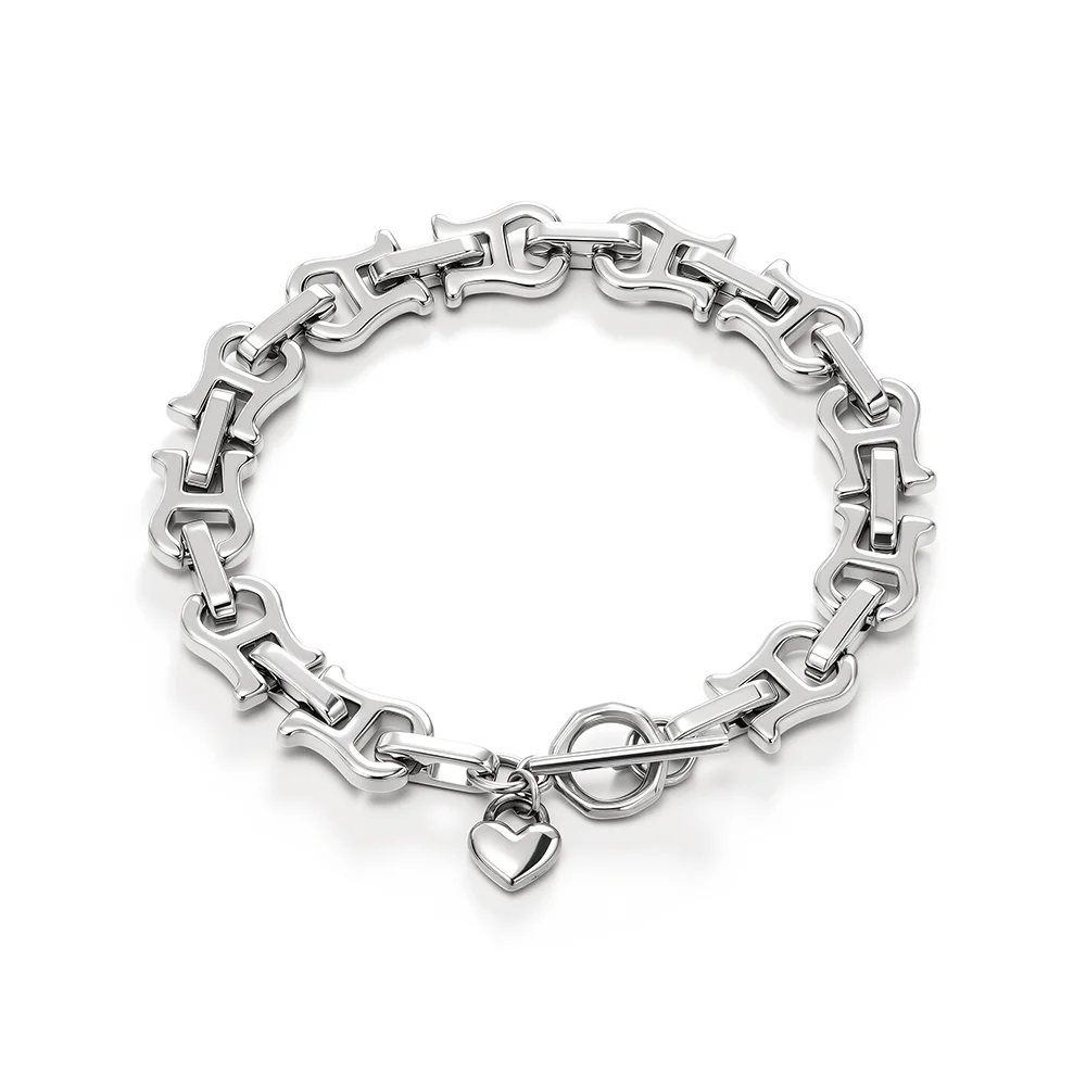 Titanium and steel multi-ring bracelet with heart-shaped elements, Cuban style 
