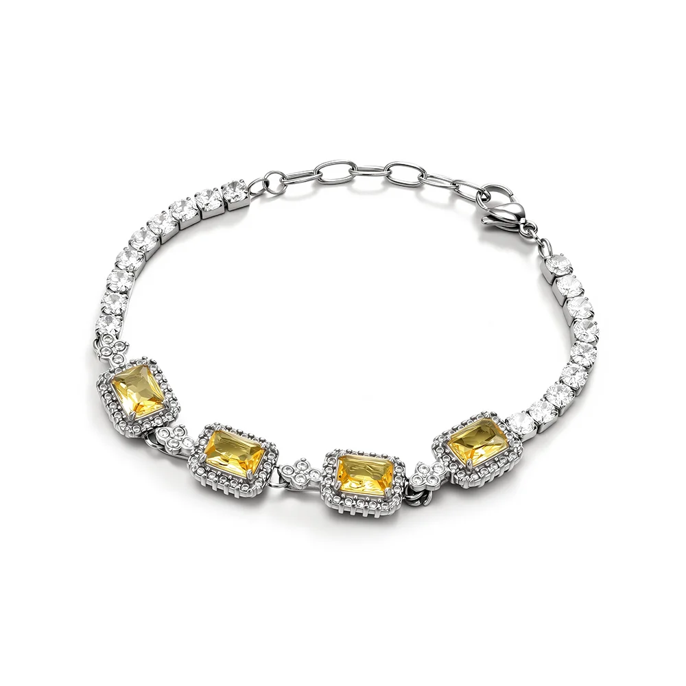 Exquisite bracelet with titanium steel square shape, yellow natural crystal inlay 