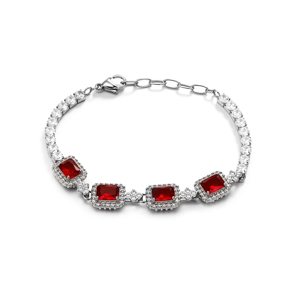 Exquisite bracelet inlaid with red natural crystal stones, made of titanium steel and square shape 