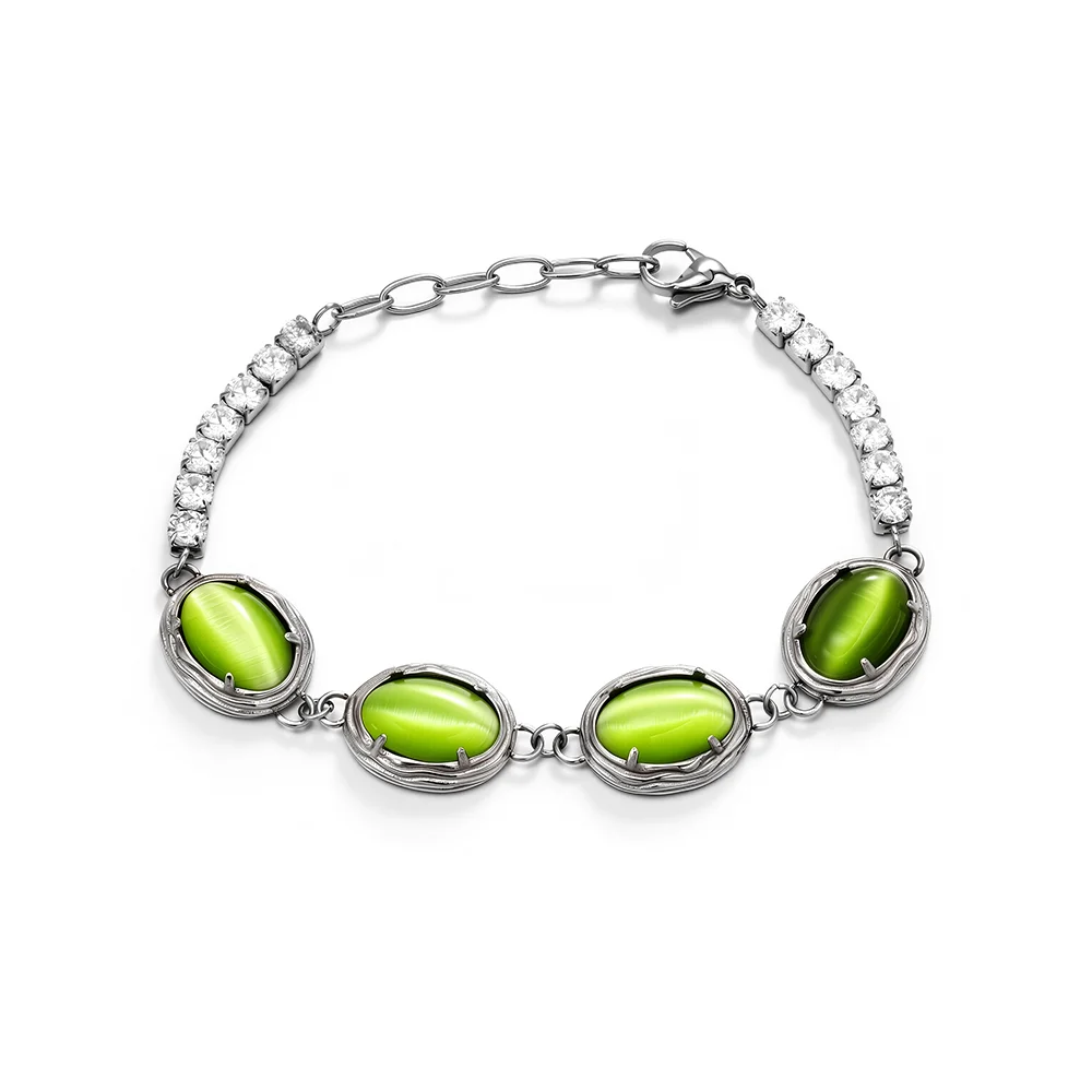 Exquisite bracelet inlaid with titanium steel and yellow-green natural spar 