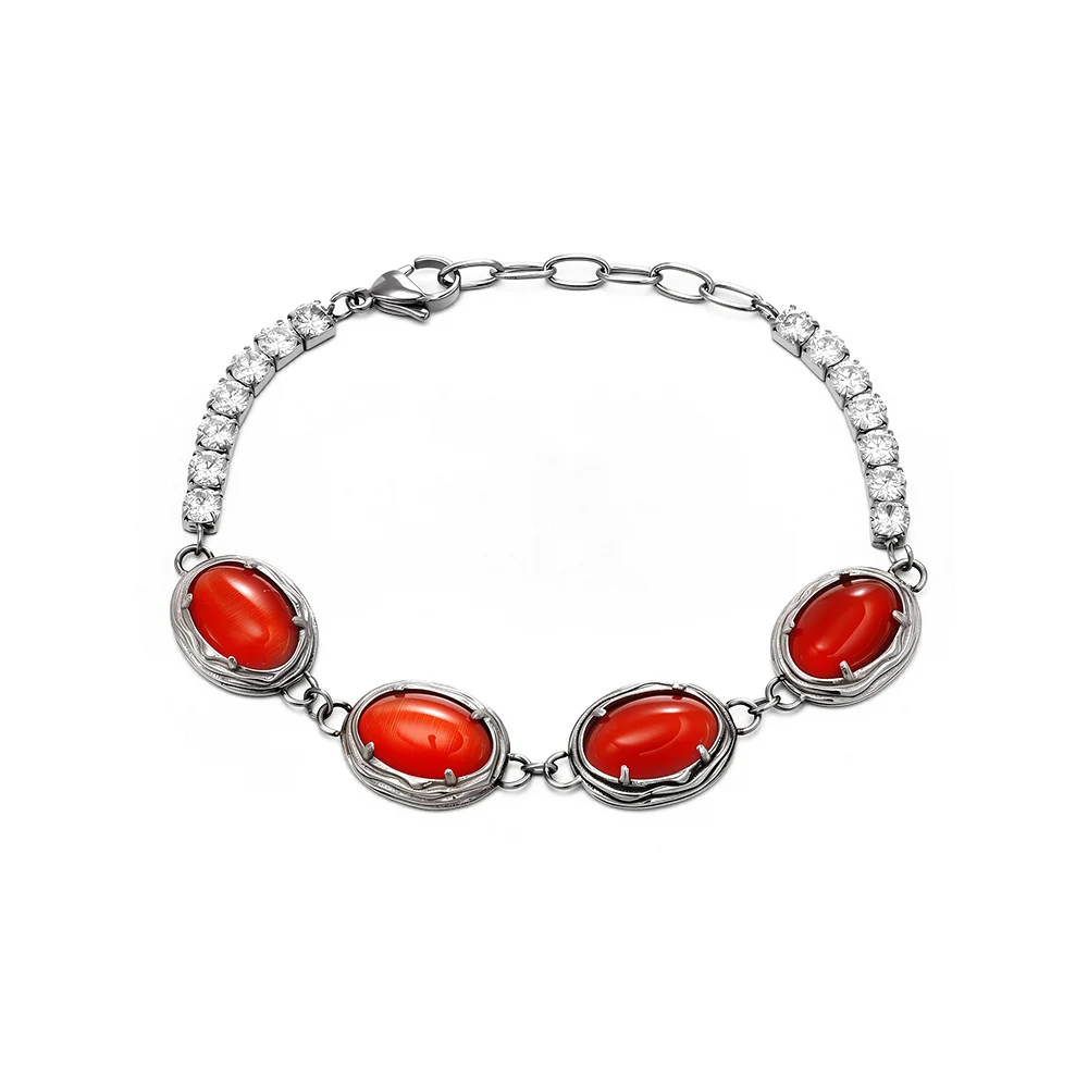 Exquisite bracelet inlaid with titanium steel and red natural crystal 