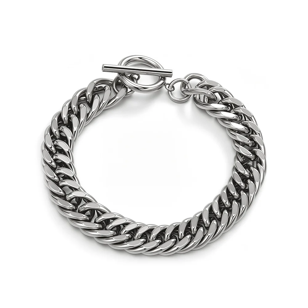 Titanium steel Cuban chain, four-sided polished, double clasp jewelry, OT thick chain 
