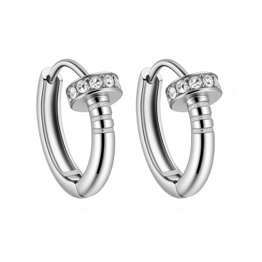 Titanium steel rhinestone stud earrings with round wheel clasp 