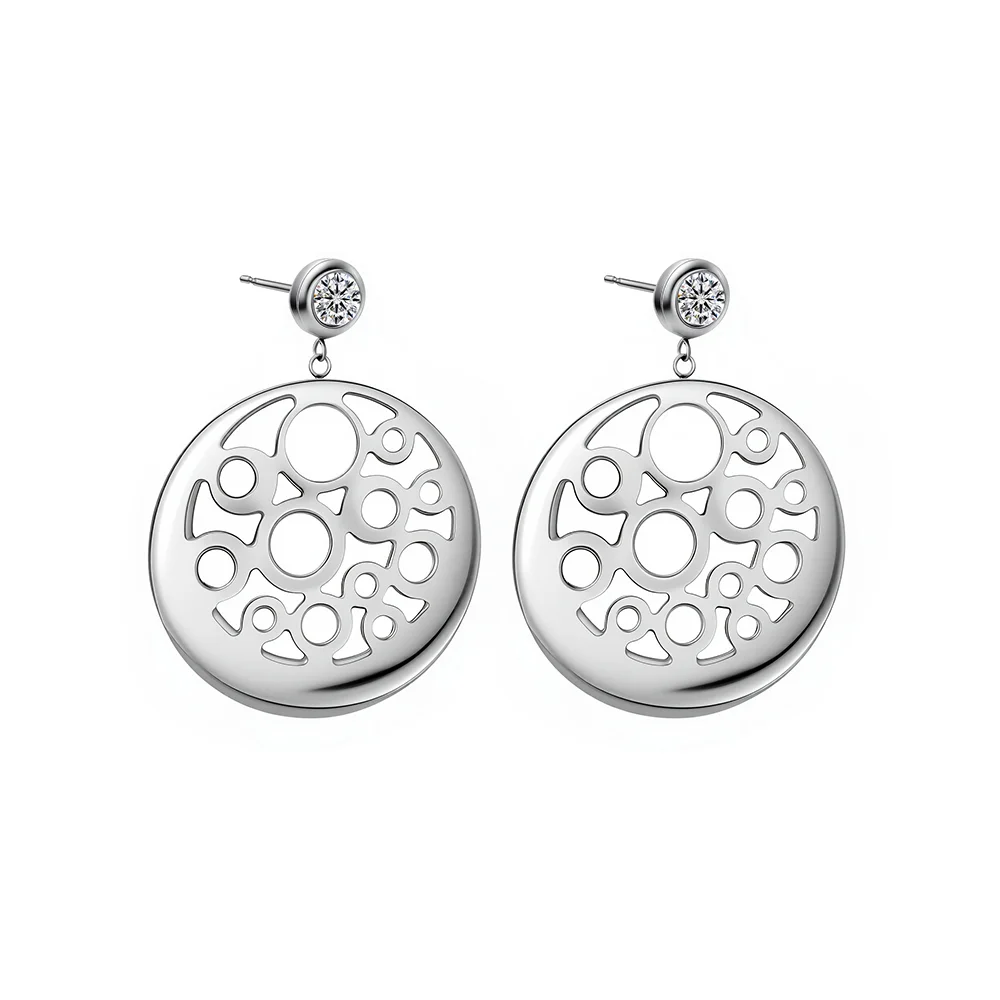 Titanium steel round hollow-out diamond-encrusted niche earrings