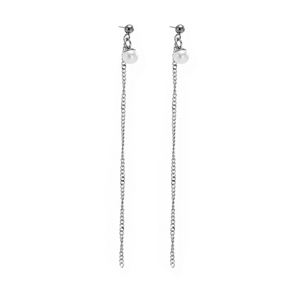 Titanium steel pearl long and extremely thin fringed earrings 