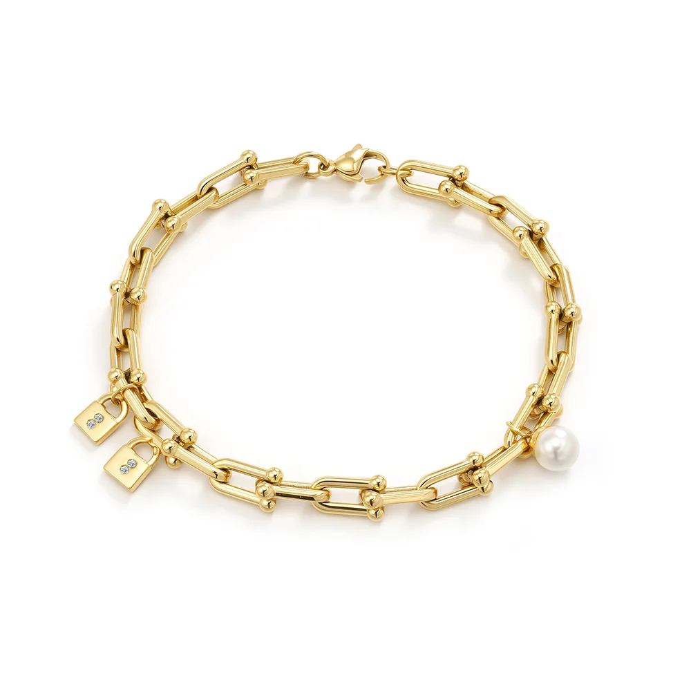 Titanium steel plated with 18k gold, smooth surface, U-shaped chain, interlocking links, jewelry 